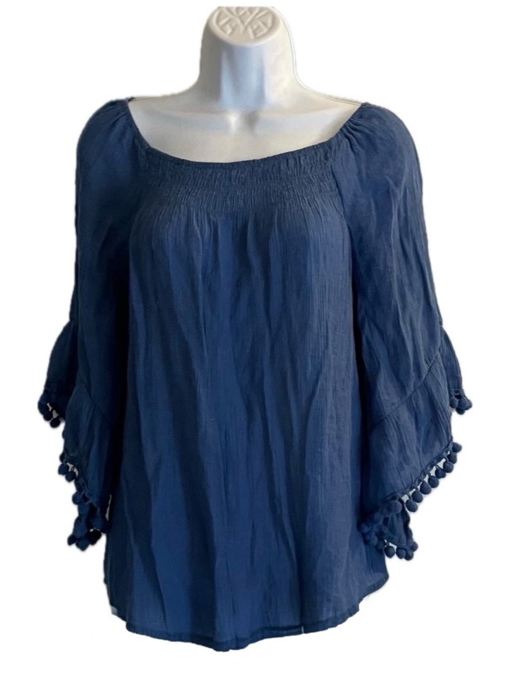 Smocked-Neck Navy Pom-Pom Sleeve Blouse